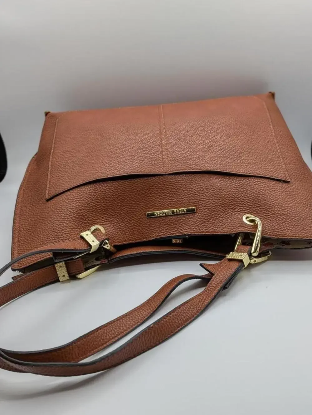 Steve Madden $98 Cognac Brown Donna Double Pocket Faux Leather Floral Lined Tote